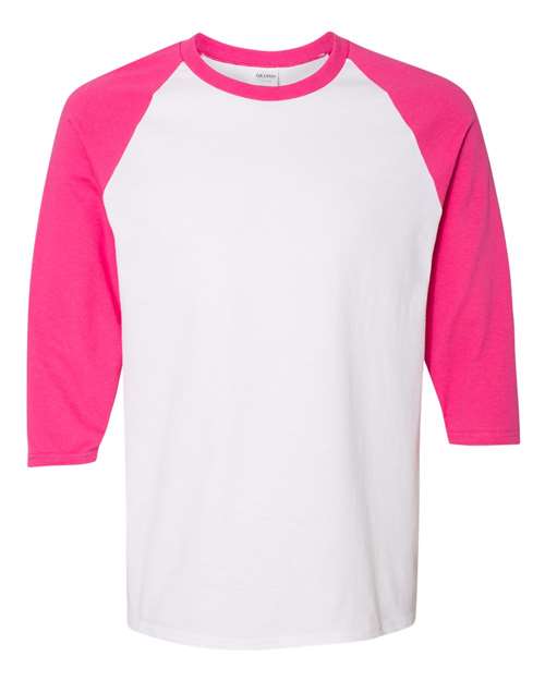 Unisex Heavy Cotton™ Raglan Three-Quarter Sleeve T-Shirt - White/ Heliconia Front