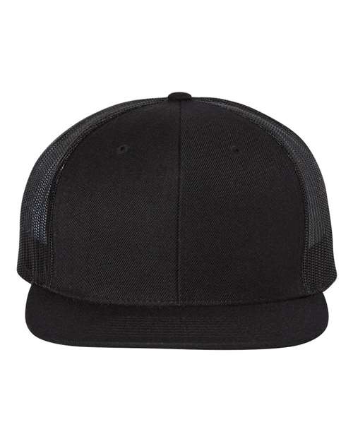 Wool Blend Flat Bill Trucker Cap - Black/ Black Front