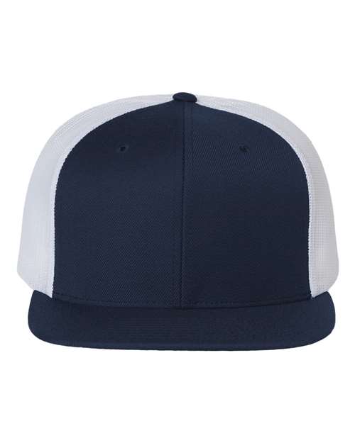 Wool Blend Flat Bill Trucker Cap - Navy/ White Front