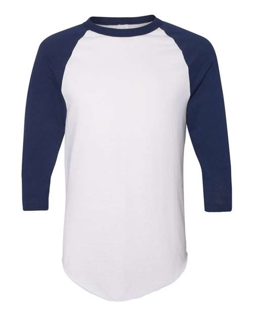 Unisex Three-Quarter Raglan Sleeve Baseball Jersey T-Shirt - White/ Navy Front