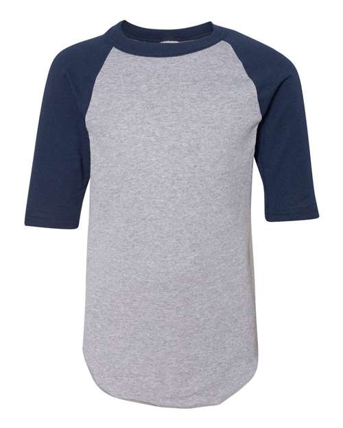 Youth Three-Quarter Sleeve Baseball Jersey - Athletic Heather/ Navy Front