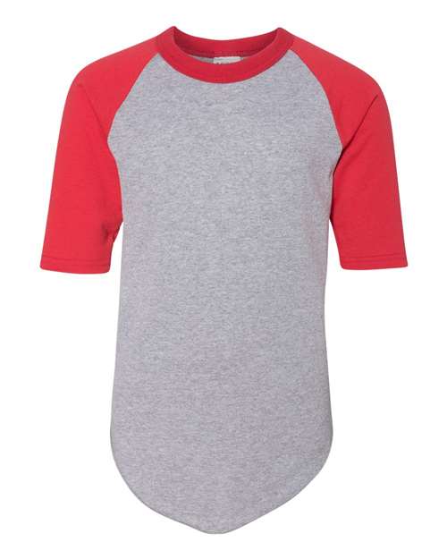 Youth Three-Quarter Sleeve Baseball Jersey - Athletic Heather/ Red Front