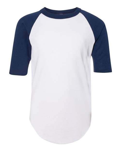 Youth Three-Quarter Sleeve Baseball Jersey - White/ Navy Front