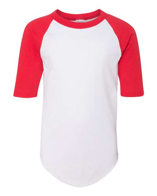 Youth Three-Quarter Sleeve Baseball Jersey - White/ Red Front