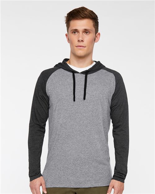Unisex Fine Jersey Hooded Long Sleeve Raglan T-Shirt - Navy Front