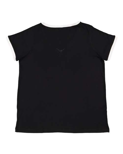 Women's Curvy Retro Ringer Premium Jersey V-Neck Tee - Black/ White Back
