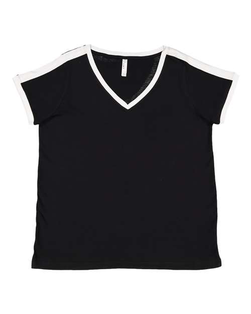 Women's Curvy Retro Ringer Premium Jersey V-Neck Tee - Black/ White Front