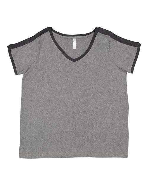 Women's Curvy Retro Ringer Premium Jersey V-Neck Tee - Granite Heather/ Vintage Smoke Front