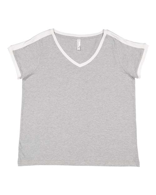 Women's Curvy Retro Ringer Premium Jersey V-Neck Tee - Heather/ White Front