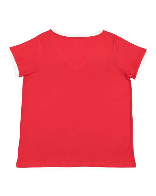 Women's Curvy Retro Ringer Premium Jersey V-Neck Tee - Red/ White Back