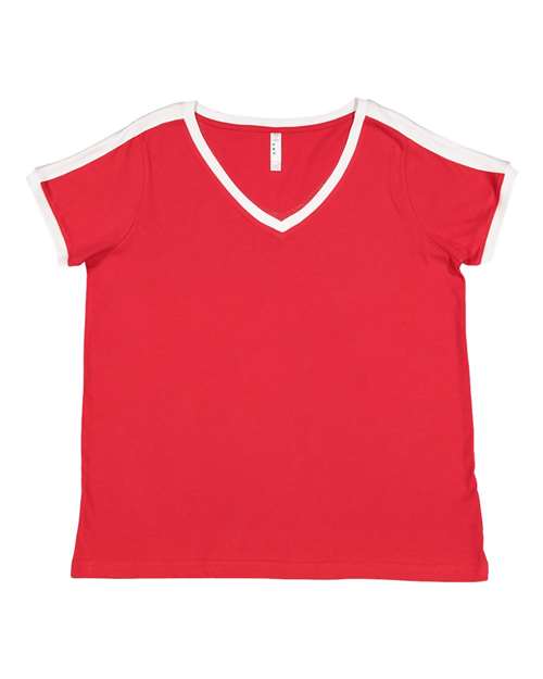 Women's Curvy Retro Ringer Premium Jersey V-Neck Tee - Red/ White Front