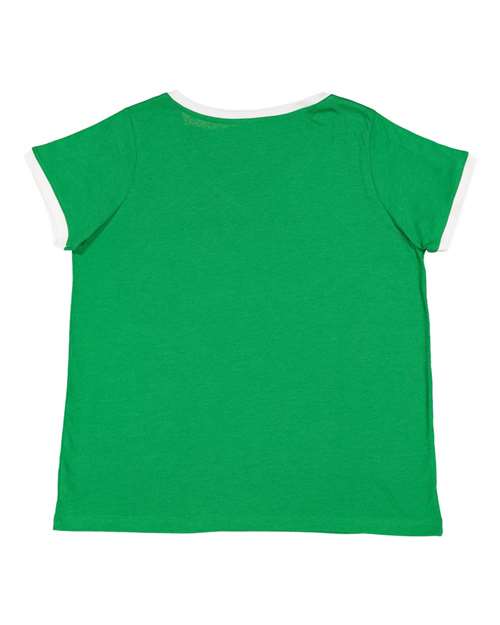 Women's Curvy Retro Ringer Premium Jersey V-Neck Tee - Vintage Green/ White Back