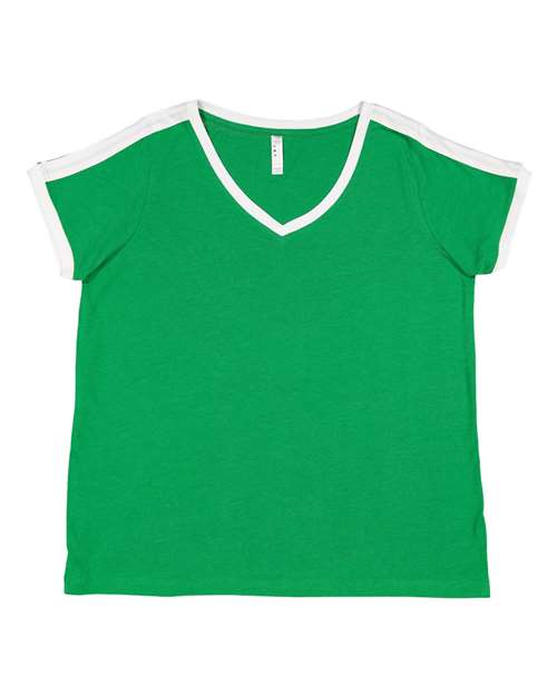 Women's Curvy Retro Ringer Premium Jersey V-Neck Tee - Vintage Green/ White Front