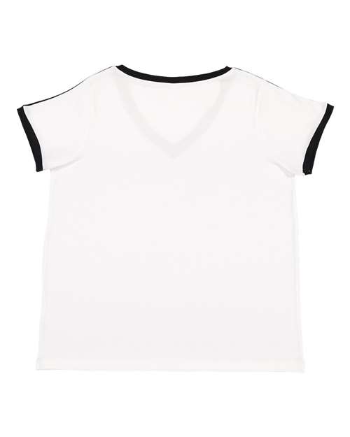 Women's Curvy Retro Ringer Premium Jersey V-Neck Tee - White/ Black Back