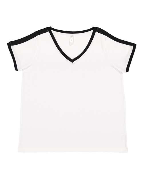 Women's Curvy Retro Ringer Premium Jersey V-Neck Tee - White/ Black Front