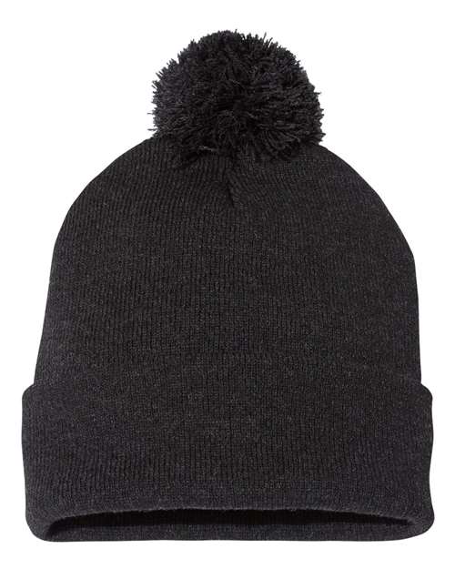 12" Pom-Pom Cuffed Beanie - Heather Charcoal Back