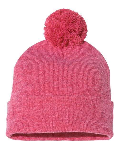 12" Pom-Pom Cuffed Beanie - Heather Red Back