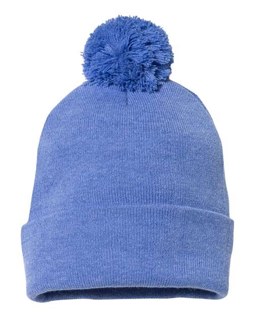 12" Pom-Pom Cuffed Beanie - Heather Royal Front
