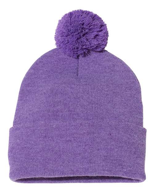 12" Pom-Pom Cuffed Beanie - Heather Purple Front