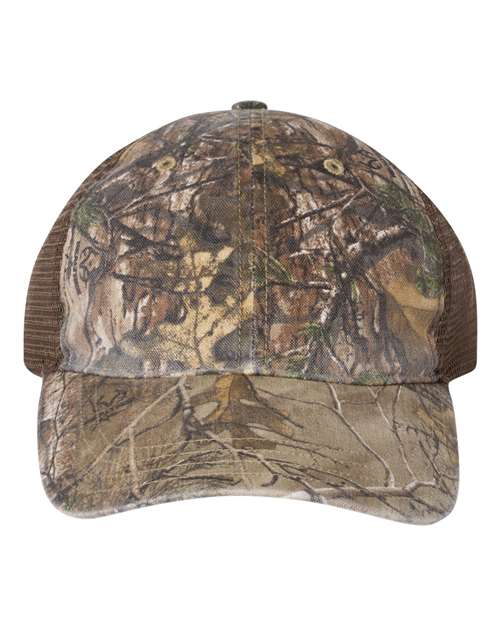 Garment Washed Printed Trucker Cap - Realtree Edge/ Brown Front