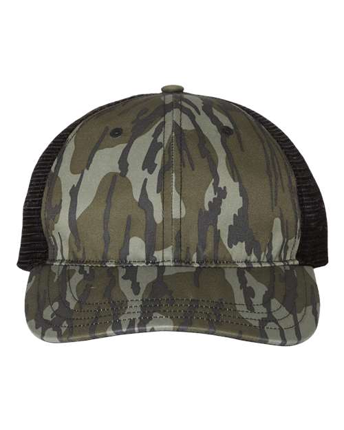 Garment Washed Printed Trucker Cap - Mossy Oak Bottomland/ Black Front