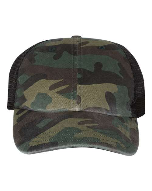 Garment Washed Printed Trucker Cap - Green Camo/ Black Front