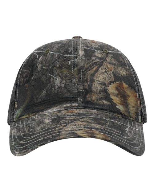 Garment Washed Printed Trucker Cap - Mossy Oak Country DNA/ Black Front