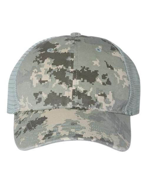 Garment Washed Printed Trucker Cap - Military Digital Camo/ Light Green Front
