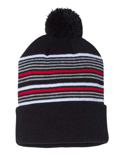 12" Striped Pom-Pom Cuffed Beanie - Black/ White/ Grey/ Red Front