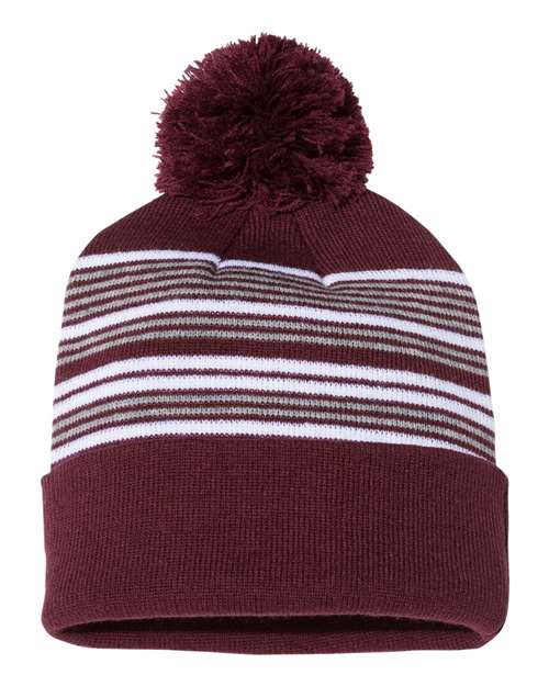 12" Striped Pom-Pom Cuffed Beanie - Maroon/ White/ Grey Front
