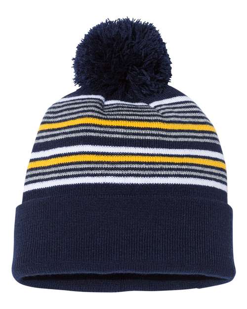 12" Striped Pom-Pom Cuffed Beanie - Navy/ White/ Grey/ Gold Back