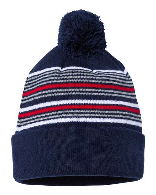12" Striped Pom-Pom Cuffed Beanie - Navy/ White/ Grey/ Red Back