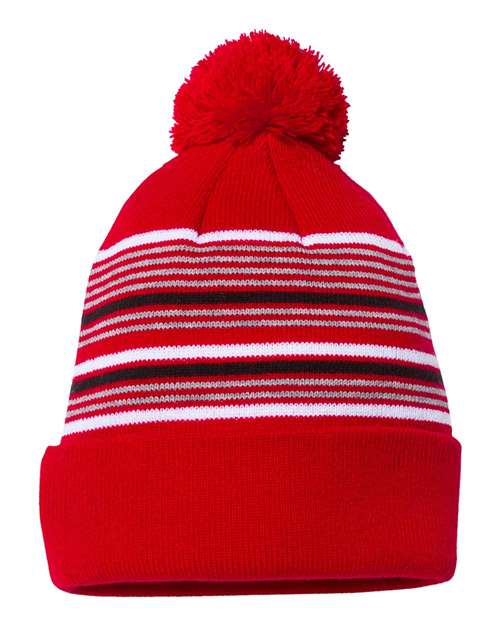 12" Striped Pom-Pom Cuffed Beanie - Red/ White/ Grey/ Black Front