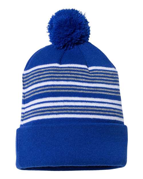 12" Striped Pom-Pom Cuffed Beanie - Royal/ White/ Grey Back