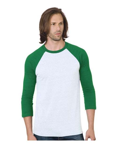 Unisex Triblend Three-Quarter Sleeve Raglan T-Shirt - White/ Kelly Front