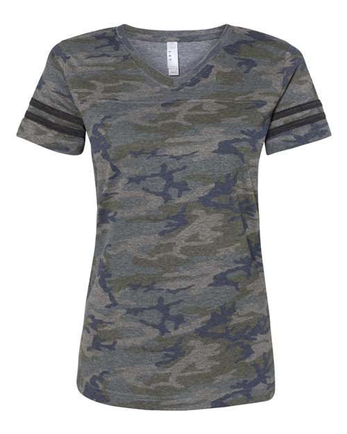 Women's Football V-Neck Fine Jersey Tee - Vintage Camo/ Vintage Smoke Front