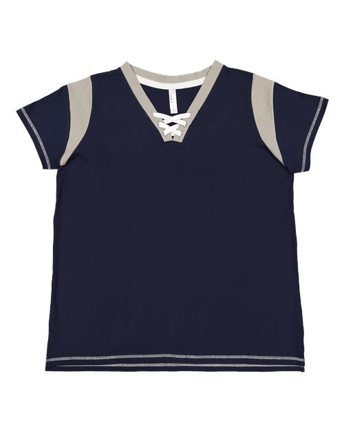 Women's Curvy Lace Up Fine Jersey Tee - Navy/ Titanium/ White Front