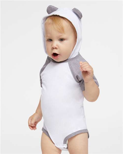 Rabbit Skins Infant Fine Jersey Raglan Bodysuit with Hood & Ears - Model Front