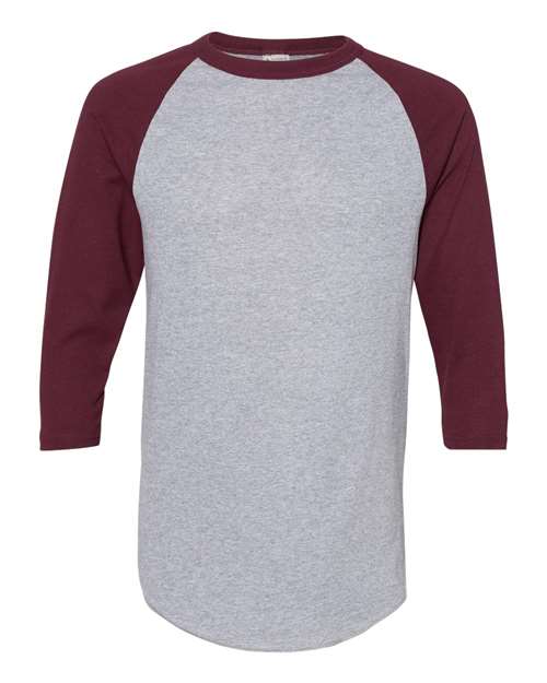 Unisex Three-Quarter Raglan Sleeve Baseball Jersey T-Shirt - Athletic Heather/ Maroon Front