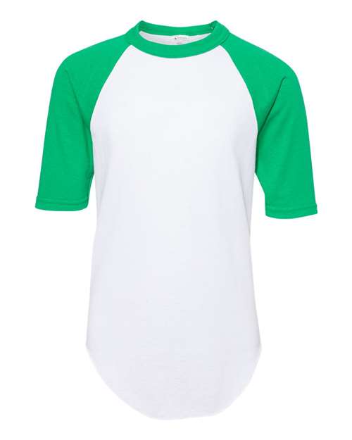 Youth Three-Quarter Sleeve Baseball Jersey - White/ Kelly Front