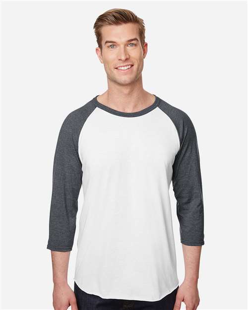 Premium Blend Ringspun Three-Quarter Sleeve Raglan Baseball T-Shirt - White/ Charcoal Heather Front