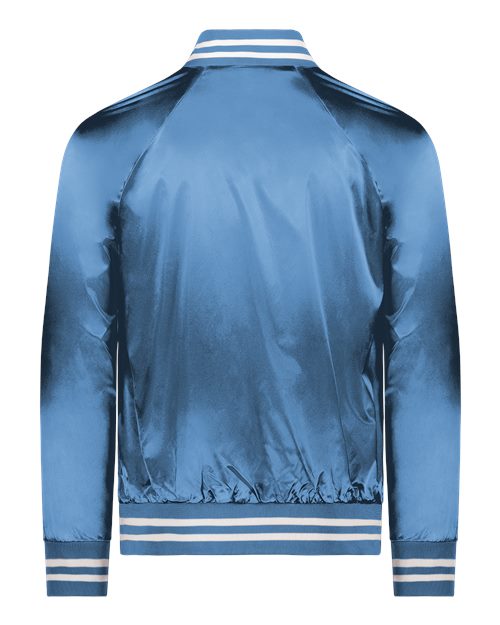 Unisex Satin Baseball Jacket Striped Trim - Columbia Blue/ White Back