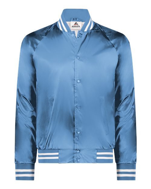 Unisex Satin Baseball Jacket Striped Trim - Columbia Blue/ White Front