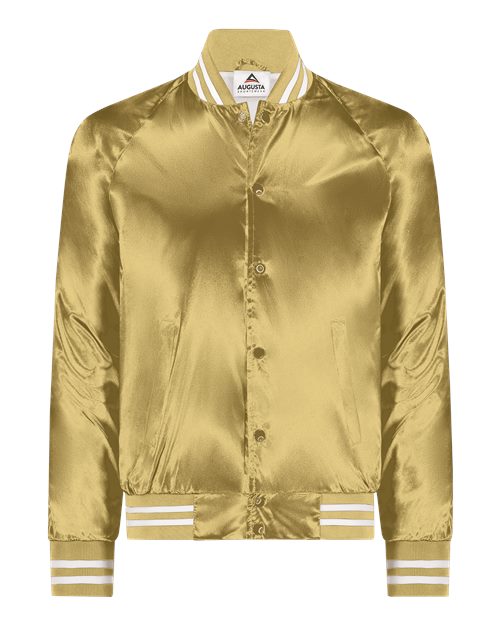 Unisex Satin Baseball Jacket Striped Trim - Metallic Gold/ White Front