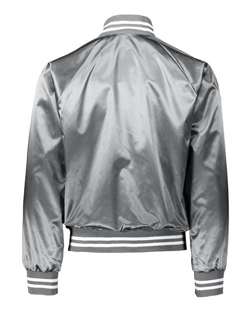 Unisex Satin Baseball Jacket Striped Trim - Metallic Silver/ White Back