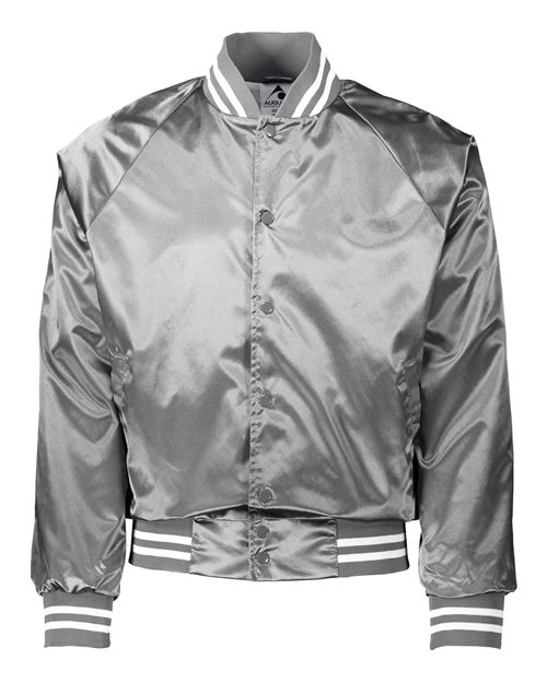 Unisex Satin Baseball Jacket Striped Trim - Metallic Silver/ White Front