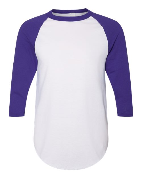 Augusta Sportswear Unisex Three-Quarter Raglan Sleeve Baseball Jersey T-Shirt - White/ Purple Front