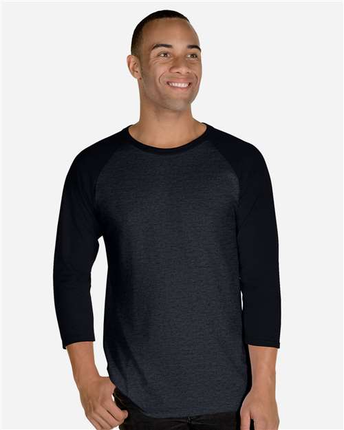 JERZEES Premium Blend Ringspun Three-Quarter Sleeve Raglan Baseball T-Shirt - Model Front