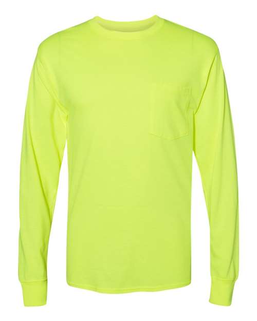 Unisex Workwear Long Sleeve Pocket T-Shirt - Safety Green Front