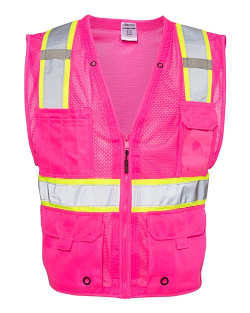 Unisex EV Series® Enhanced Visibility Multi-Pocket Mesh Vest - Pink/ Lime - B107 Front
